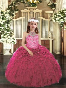 Unique Halter Top Sleeveless Tulle Pageant Dress for Teens Beading and Ruffles Lace Up