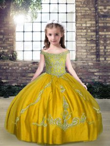Sleeveless Tulle Floor Length Lace Up Pageant Dress Toddler in Olive Green with Beading