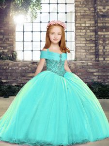 Dramatic Straps Sleeveless Brush Train Lace Up Beading Little Girls Pageant Gowns in Aqua Blue
