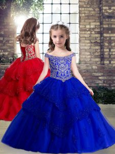 Elegant Royal Blue Lace Up Off The Shoulder Beading and Appliques Pageant Dress Womens Sleeveless