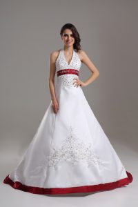 Sleeveless Brush Train Lace Up Beading and Embroidery Wedding Dress