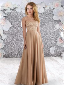 Champagne Cap Sleeves Floor Length Beading and Lace Zipper Homecoming Party Dress