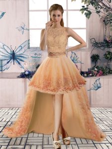 Gold Two Pieces Scoop Sleeveless Tulle High Low Backless Beading and Lace Prom Gown