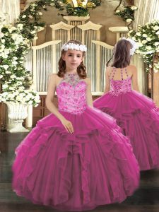 Beauteous Halter Top Sleeveless Tulle Pageant Gowns For Girls Beading and Ruffles Lace Up