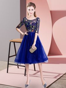 Affordable Blue Dama Dress for Quinceanera Wedding Party with Embroidery Scoop Half Sleeves Lace Up