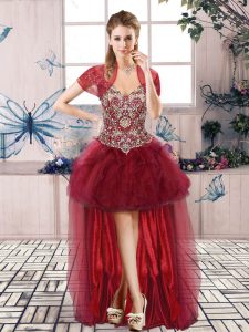Modern Burgundy Party Dress Wholesale Prom and Party with Beading and Ruffles Off The Shoulder Sleeveless Lace Up