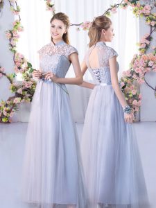 Grey Cap Sleeves Floor Length Lace Lace Up Quinceanera Dama Dress