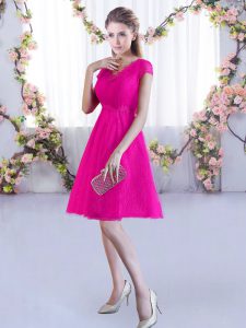 Luxury Hot Pink Lace Up V-neck Lace Damas Dress Lace Cap Sleeves