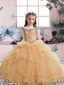 Sleeveless Floor Length Beading and Ruffles Lace Up Little Girl Pageant Dress with Champagne