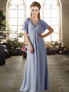 Ruching Bridesmaid Gown Lavender Zipper Short Sleeves Floor Length