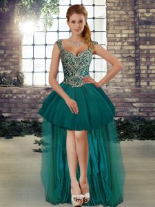 High Low Lace Up Homecoming Dress Online Dark Green for Prom and Party with Beading