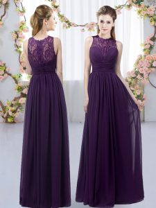 Captivating Dark Purple Sleeveless Lace Floor Length Bridesmaid Gown