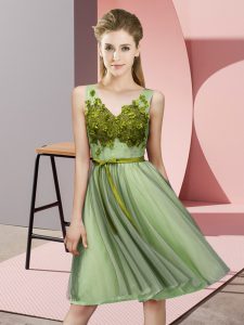 Delicate Yellow Green V-neck Neckline Appliques Dama Dress Sleeveless Lace Up