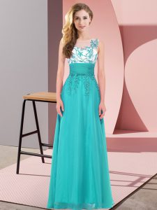 Graceful Sleeveless Floor Length Appliques Backless Quinceanera Court of Honor Dress with Teal