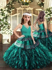 Low Price Organza V-neck Sleeveless Zipper Appliques and Ruffles Little Girls Pageant Dress Wholesale in Turquoise