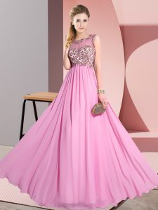 Custom Design Scoop Sleeveless Wedding Guest Dresses Floor Length Beading and Appliques Rose Pink Chiffon
