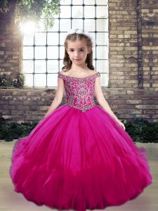 Latest Fuchsia Ball Gowns Tulle Off The Shoulder Sleeveless Beading Floor Length Lace Up Little Girl Pageant Dress
