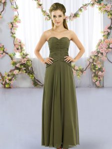 Lovely Sleeveless Chiffon Floor Length Lace Up Bridesmaid Dress in Olive Green with Ruching