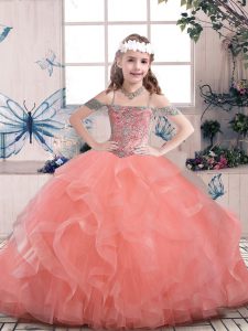 Fantastic Watermelon Red Ball Gowns Straps Sleeveless Tulle Floor Length Lace Up Beading and Ruffles Little Girl Pageant