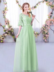 Artistic Apple Green Scoop Side Zipper Lace and Belt Bridesmaids Dress Half Sleeves
