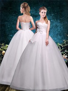 Sleeveless Lace Up Floor Length Beading and Bowknot Wedding Gown
