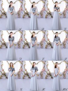 Unique Empire Bridesmaid Gown Grey V-neck Tulle Sleeveless Floor Length Lace Up