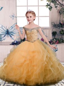 Gold Ball Gowns Off The Shoulder Sleeveless Tulle Floor Length Lace Up Beading and Ruffles Little Girl Pageant Gowns