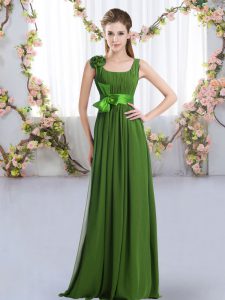 Floor Length Green Court Dresses for Sweet 16 Chiffon Sleeveless Belt and Hand Made Flower