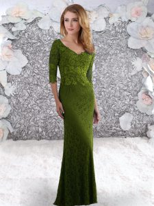 V-neck Half Sleeves Sweep Train Zipper Prom Dresses Olive Green Lace