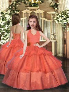 Best Orange Red Organza Lace Up Halter Top Sleeveless Floor Length Pageant Dress for Womens Ruffled Layers