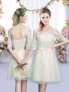Enchanting Tulle Half Sleeves Mini Length Bridesmaid Dress and Lace and Bowknot