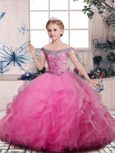 Fancy V-neck Sleeveless Little Girls Pageant Dress Floor Length Beading and Ruffles Pink Tulle