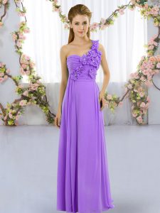 High Quality Lavender Empire One Shoulder Sleeveless Hand Made Flower Floor Length Lace Up Quinceanera Court Dresses