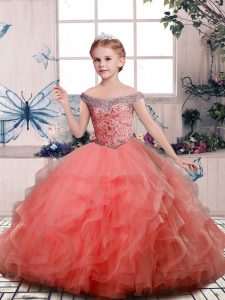 Floor Length Ball Gowns Sleeveless Peach Pageant Gowns Lace Up