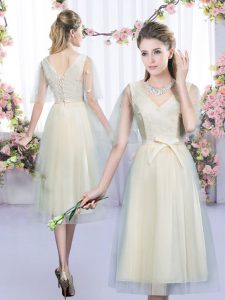 Champagne Empire Lace and Bowknot Bridesmaid Dress Lace Up Tulle Sleeveless Tea Length