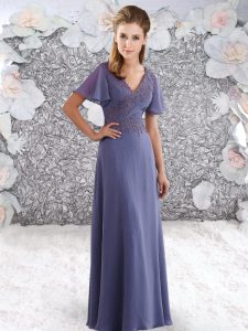 Fancy Empire Prom Dress Lavender V-neck Chiffon Short Sleeves Floor Length Zipper