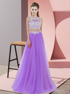 Luxury Lavender Tulle Zipper Halter Top Sleeveless Floor Length Dama Dress Lace