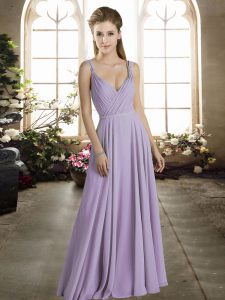 Dazzling Lavender Chiffon Zipper Bridesmaid Dresses Sleeveless Floor Length Ruching
