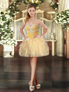 Gold Ball Gowns Organza Sweetheart Sleeveless Beading and Ruffles Mini Length Lace Up