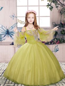 Olive Green Tulle Lace Up Straps Sleeveless Floor Length Pageant Dress Toddler Beading