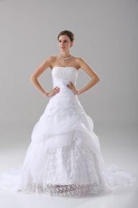 Sleeveless Organza Brush Train Lace Up Wedding Dress in White with Beading and Lace