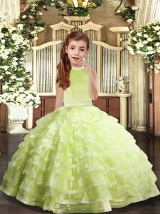 Trendy Sleeveless Floor Length Beading and Ruffled Layers Backless Pageant Dress for Teens with Yellow Green