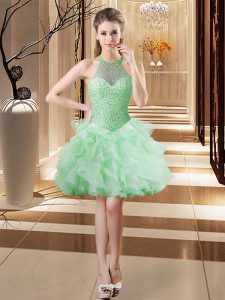 Apple Green Halter Top Neckline Beading and Ruffles Sleeveless Lace Up