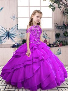 Custom Designed High-neck Sleeveless Child Pageant Dress Floor Length Beading and Ruffled Layers Purple Organza