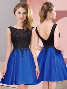 Fantastic Sleeveless Satin Mini Length Zipper Bridesmaid Dresses in Royal Blue with Lace