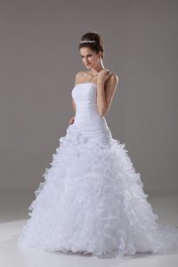 Best White Wedding Gowns Wedding Party with Ruffles Strapless Sleeveless Brush Train Lace Up