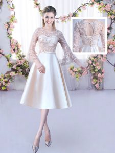 Scoop 3 4 Length Sleeve Lace Up Wedding Party Dress Champagne Satin