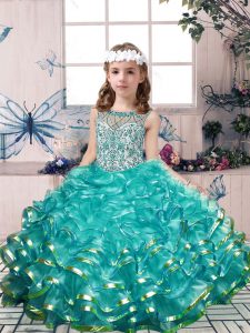 Beading and Ruffles Little Girls Pageant Gowns Teal Lace Up Sleeveless Floor Length