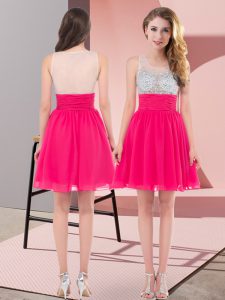Classical Hot Pink Empire Beading Bridesmaid Gown Side Zipper Chiffon Sleeveless Mini Length