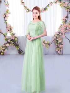 Apple Green Short Sleeves Floor Length Lace and Belt Side Zipper Wedding Guest Dresses